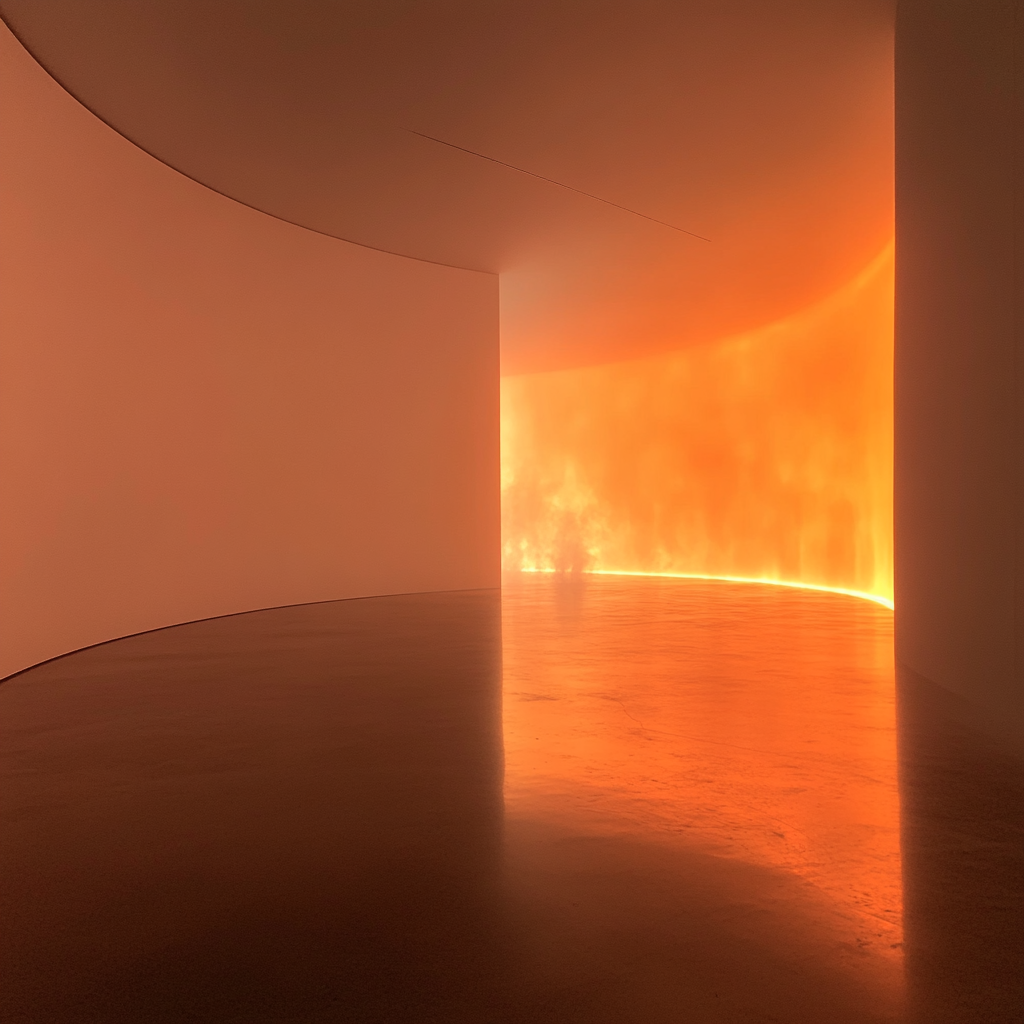 Bright orange light cutting through smoke-filled museum room.