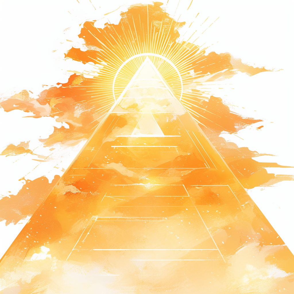 Bright orange sky, golden pyramid, radiant energy, minimalistic design