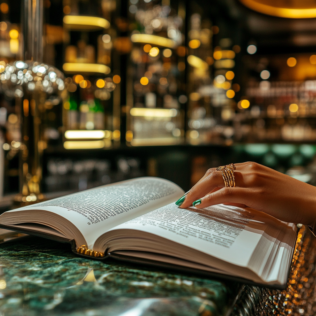 Bright photo of open book on modern bar                                                                                                (9 words)