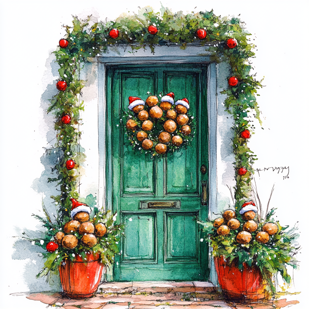 Bright red and green Christmas front door illustration.