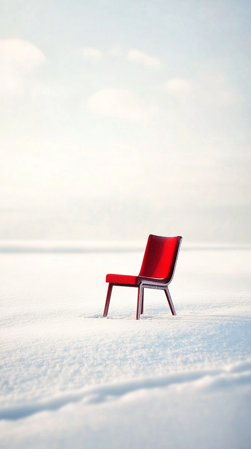 Bright red chair in snowy field, inviting and tranquil.