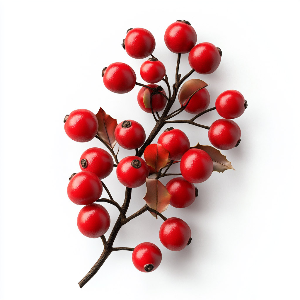 Bright red holly berries, detailed and realistic on white background.