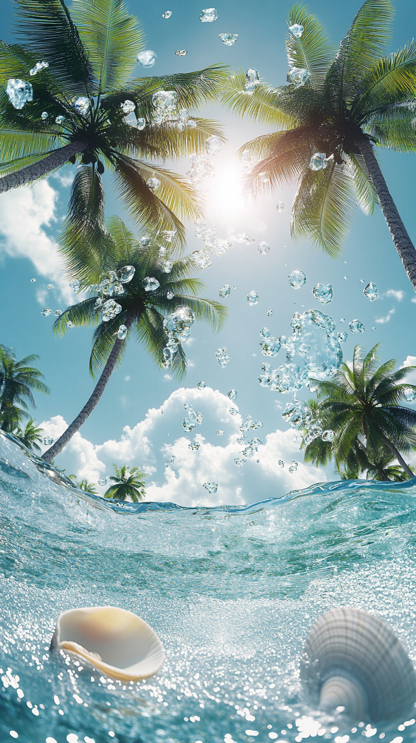 Bright sun, trees, water, foam, shells in high-res design, AR 9:16.