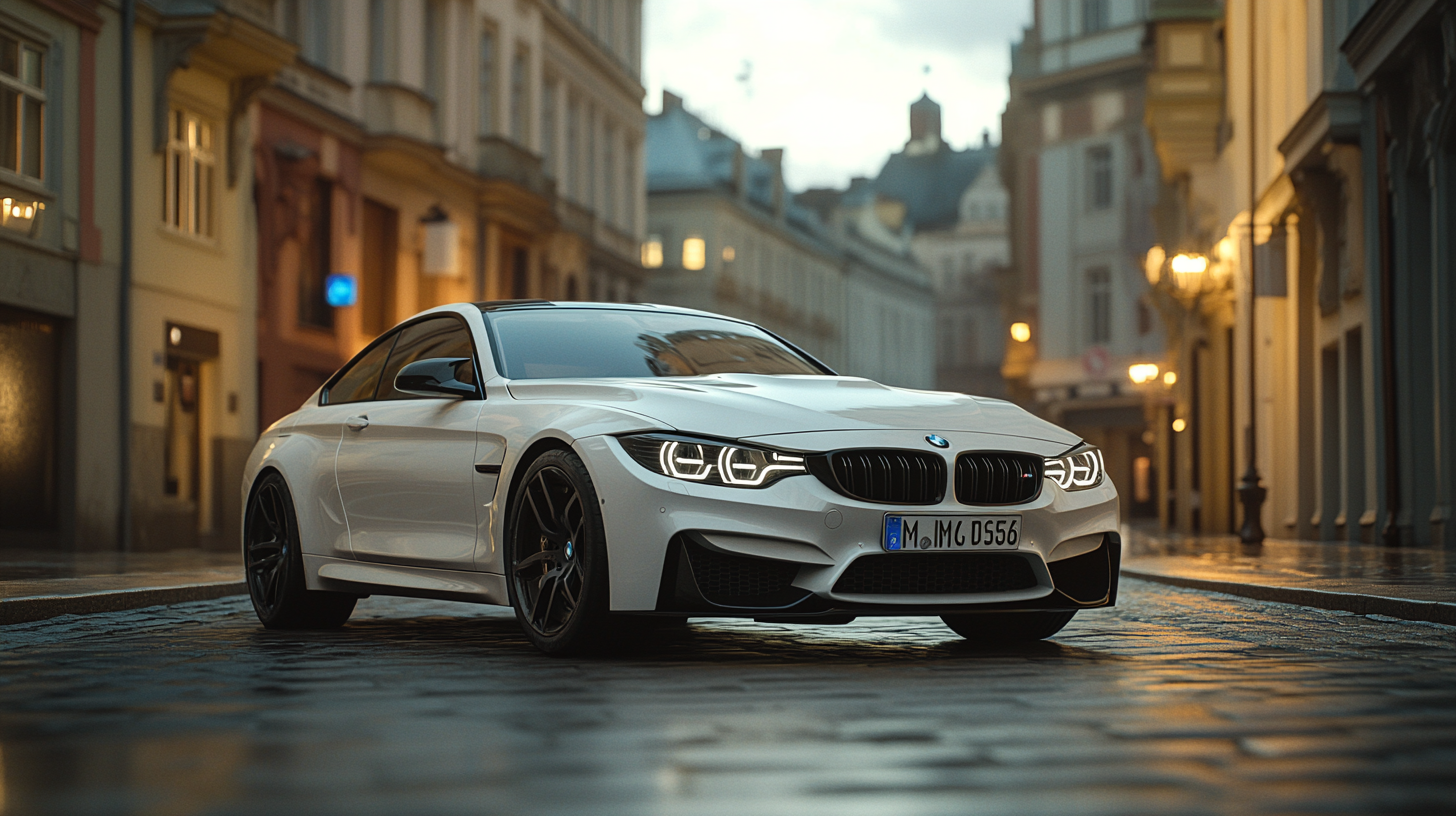 Bright white BMW on city street, expertly photographed by Fincher.