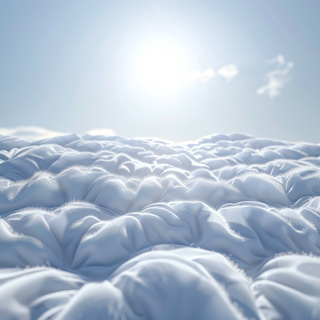 Bright white mattress captured from low angle with sunlight