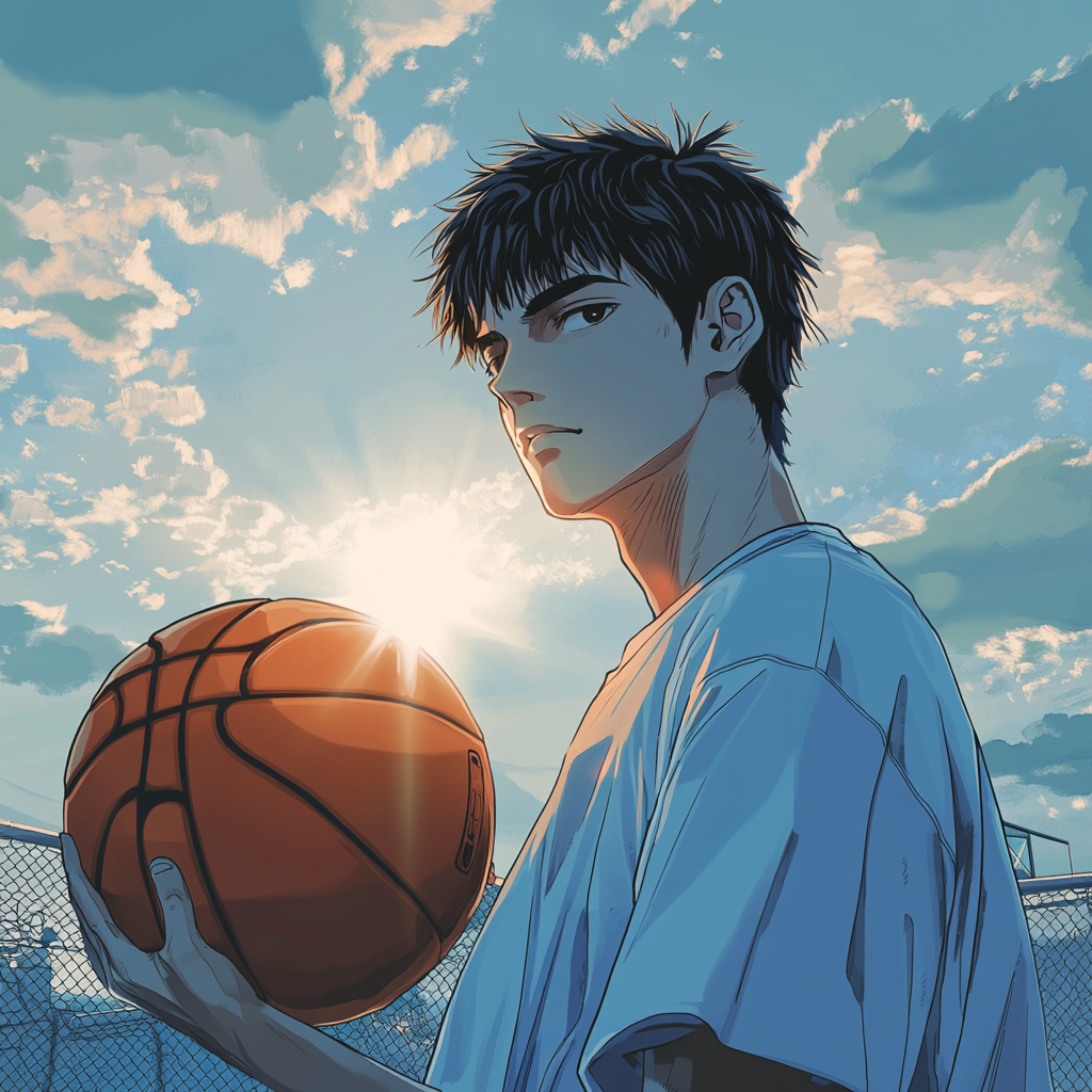 Bright young man holds basketball in anime setting.