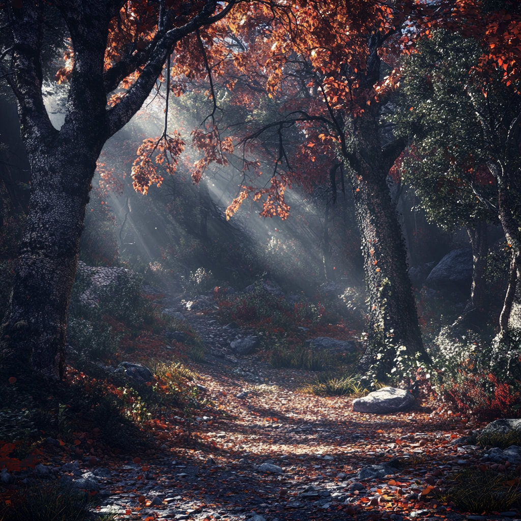 Brightly lit forest with giant trees, windy cinematic shot.