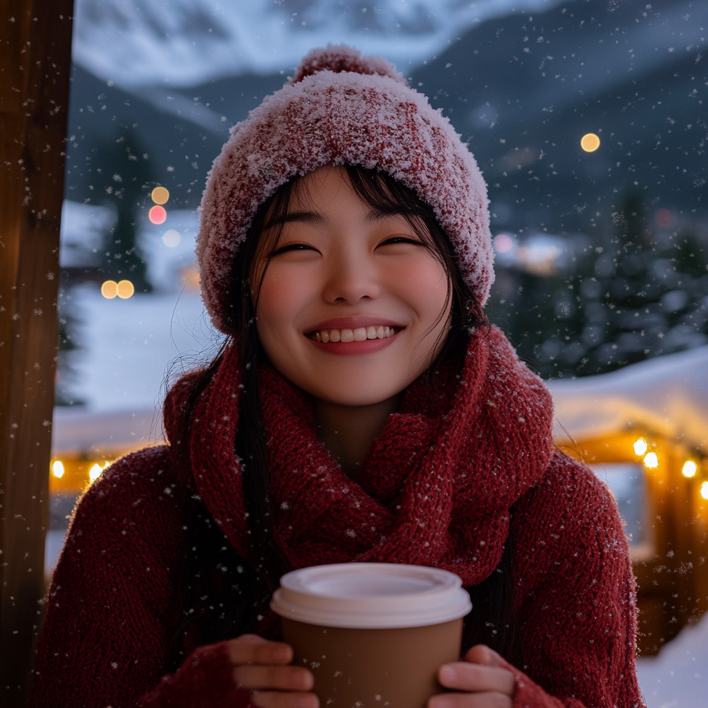 Brightly smiling Korean woman in snowy mountain cabin