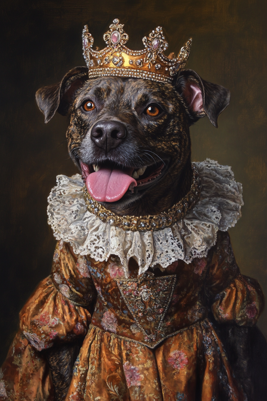 Brindle labrador terrier mix wearing renaissance dress painting.