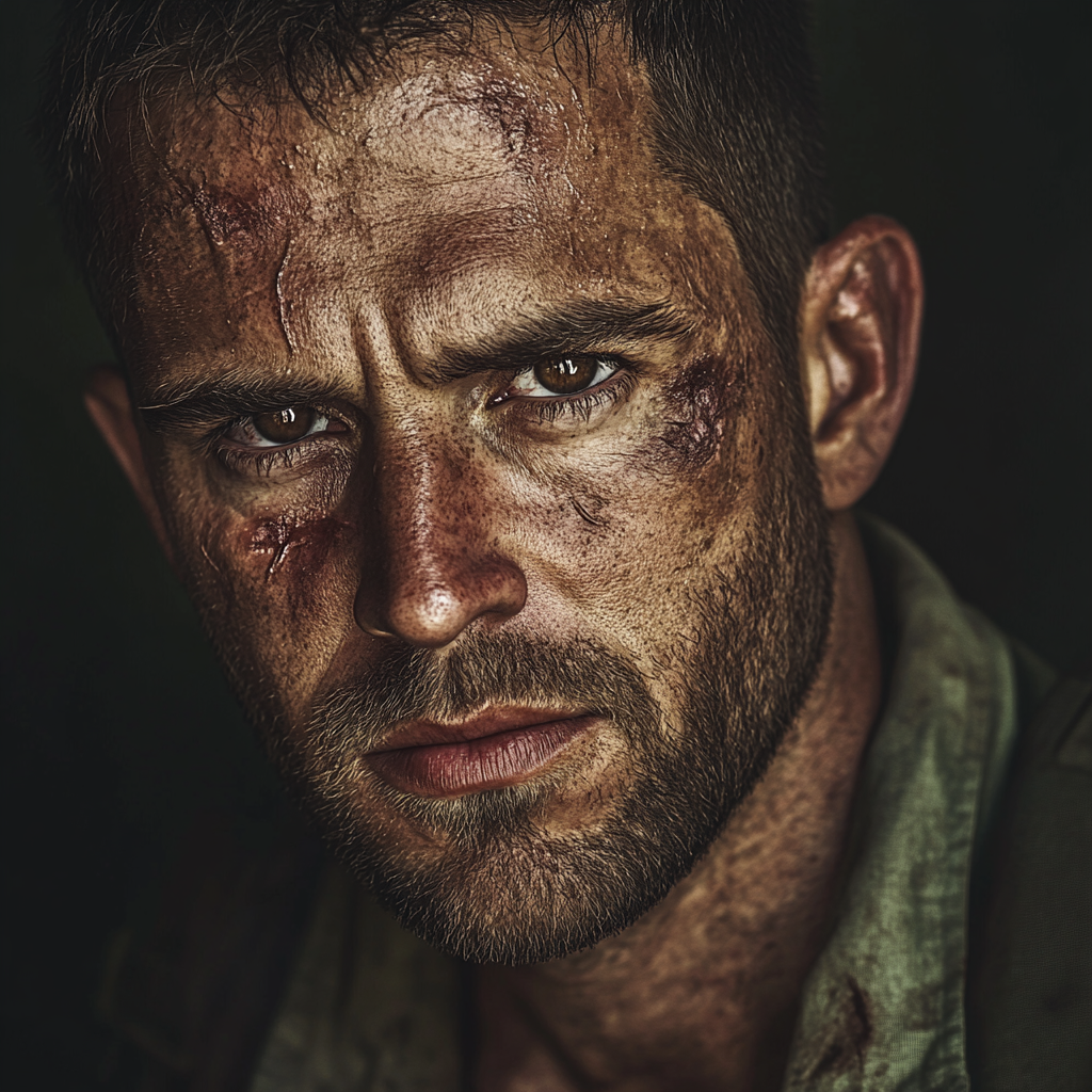 British Soldier with Intense Brown Eyes and Scars