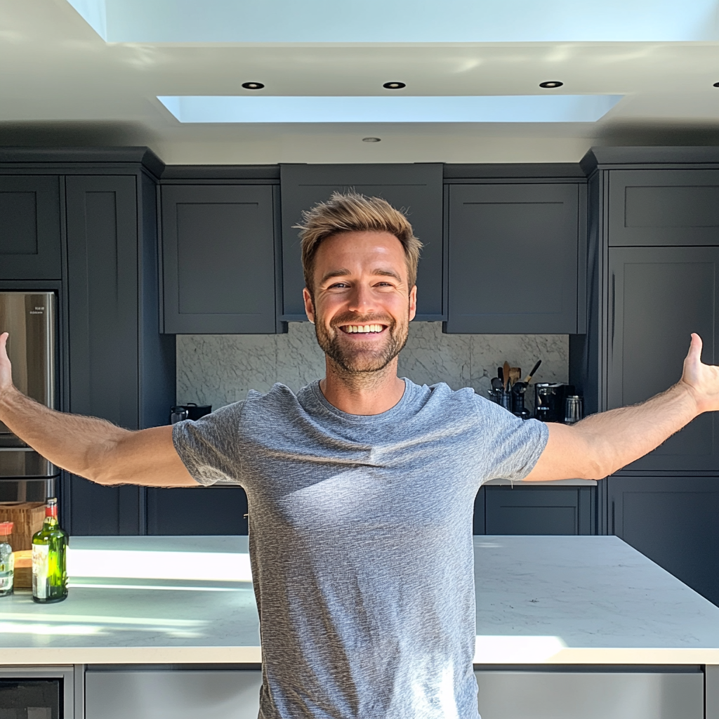 British man happily standing in renovated kitchen, natural light.