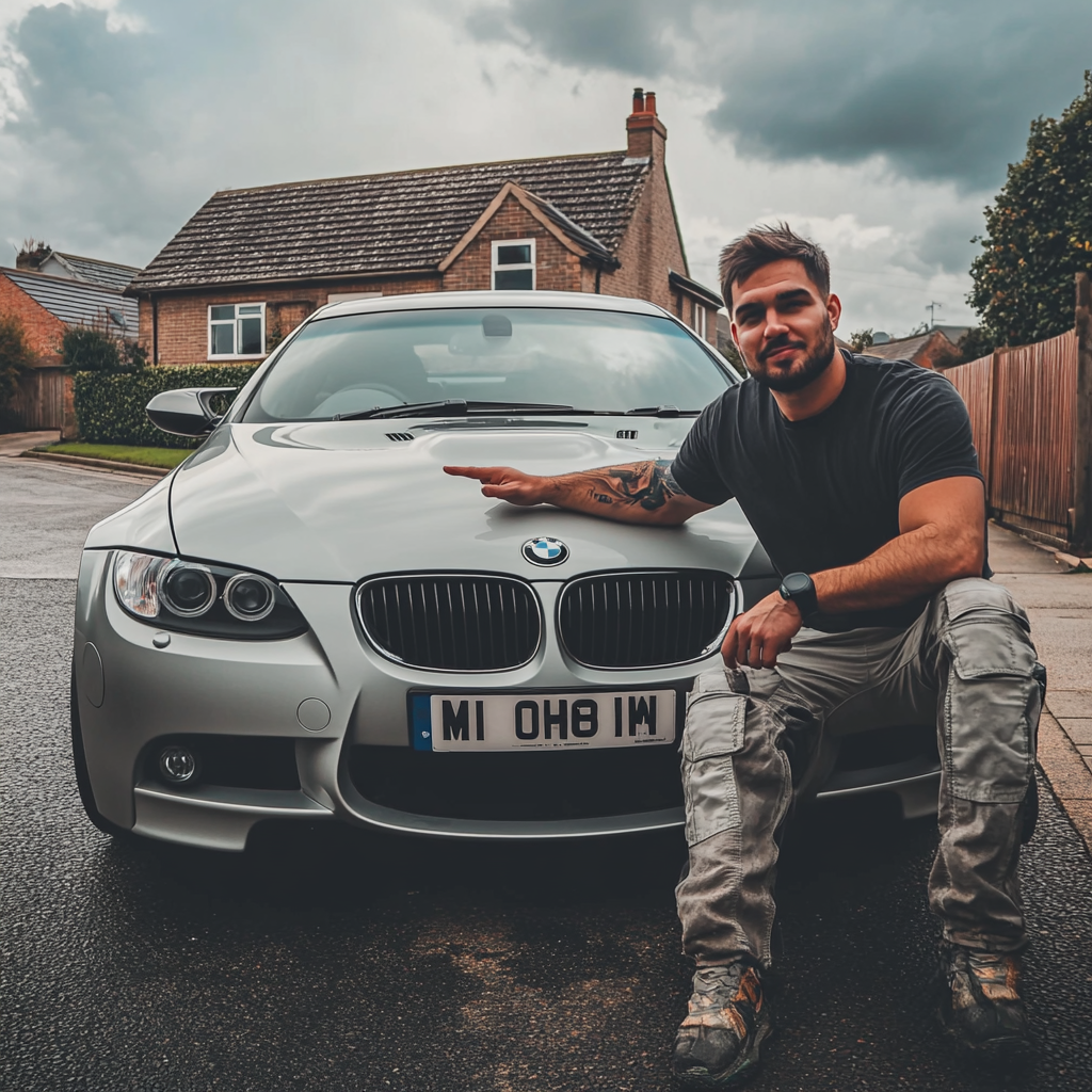 British man in cargo pants next to BMW car.