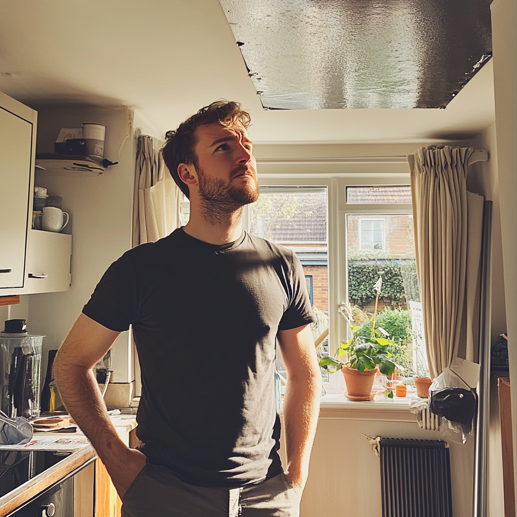 British man in house worried about roof leak.