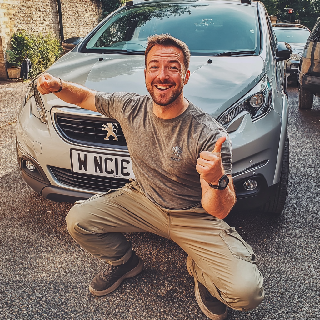 British man in photograph with his Peugeot car.