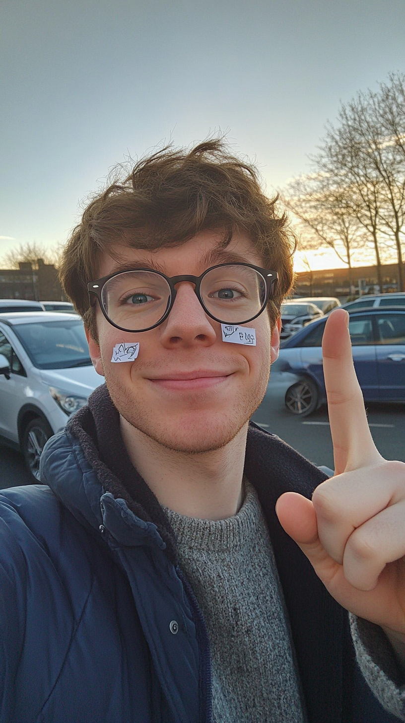 British man in selfie with car, sticky notes. Smiling.