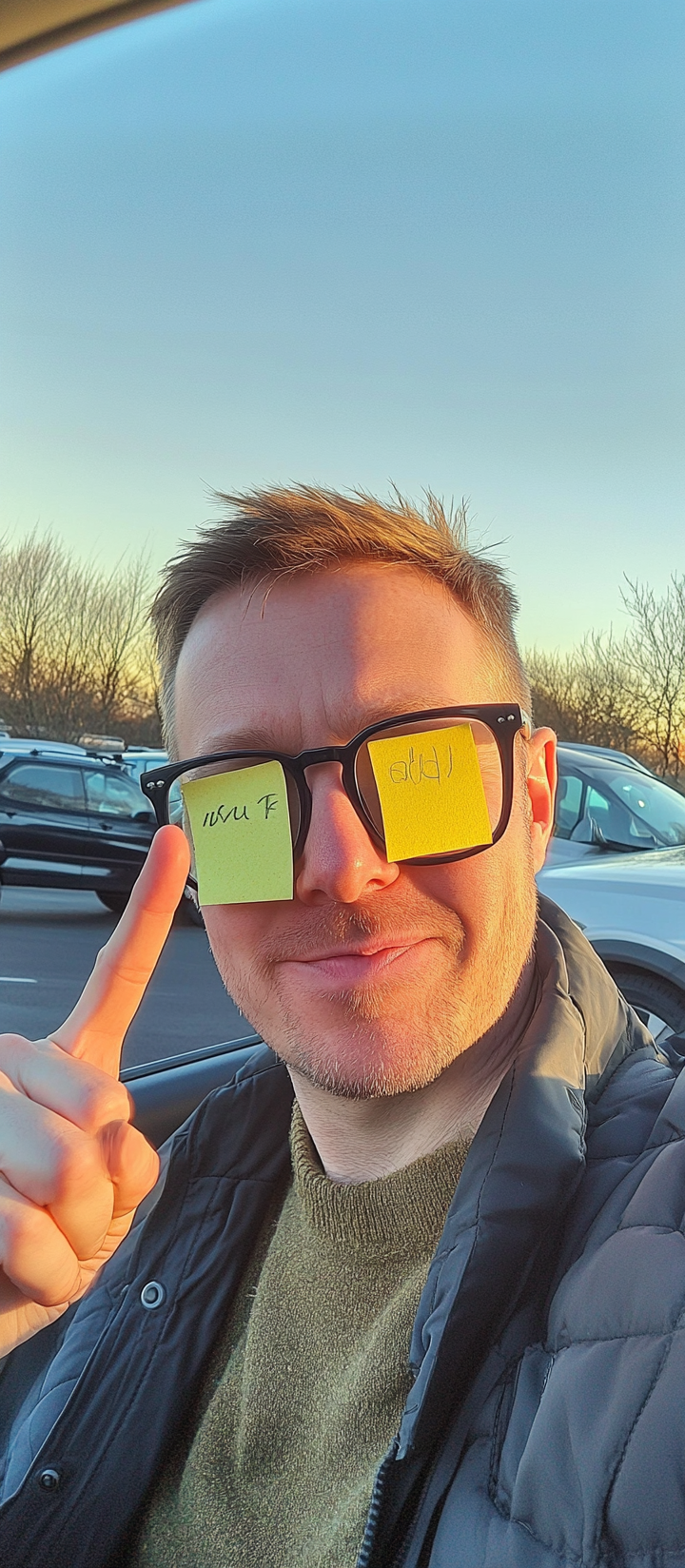 British man in selfie with post-it notes and car.