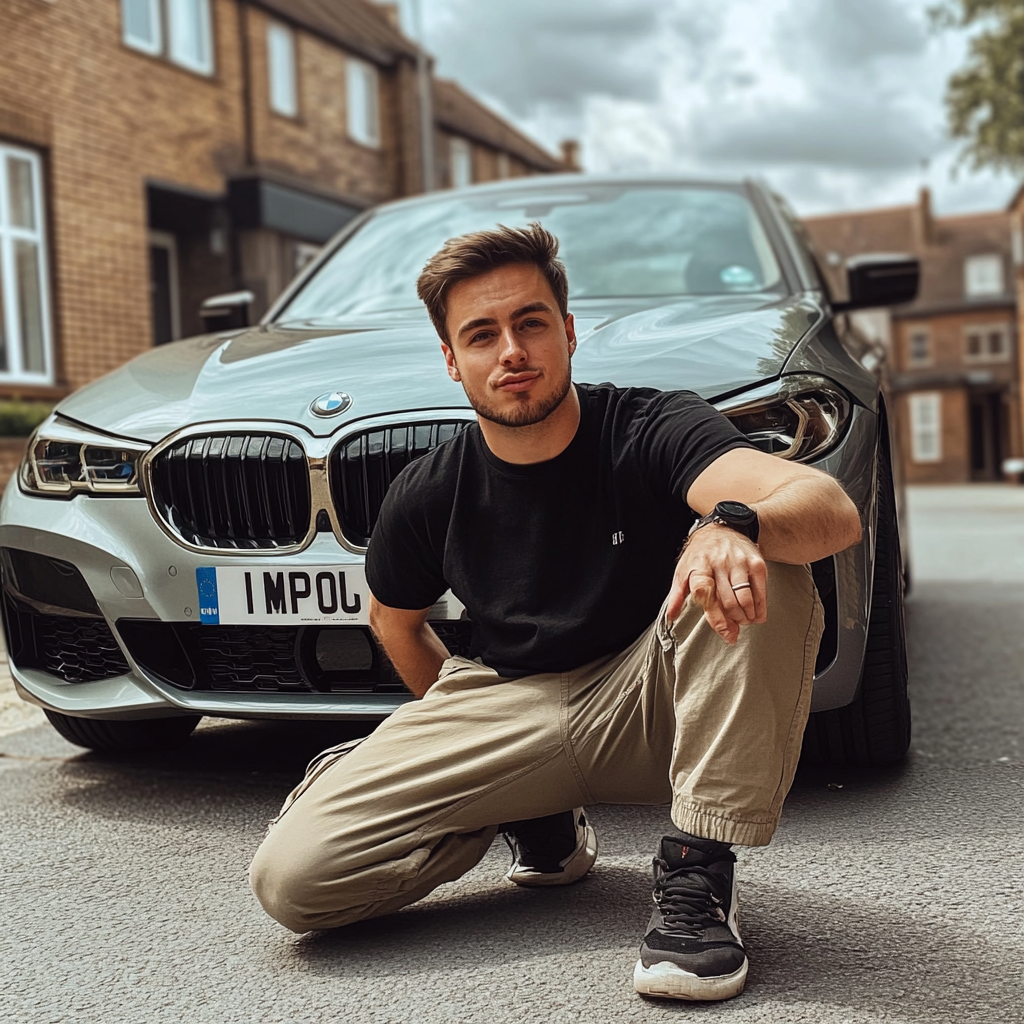 British man next to car, pointing up, Manchester background