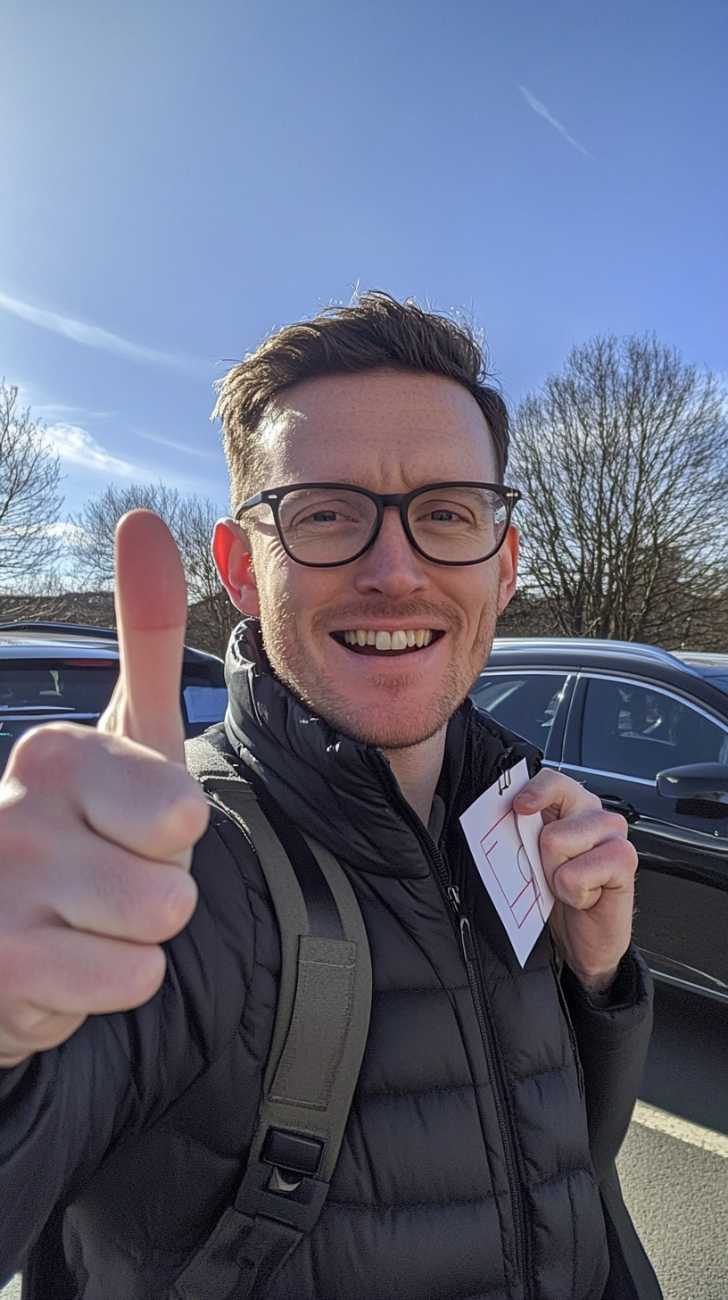 British man takes selfie in Manchester parking lot.