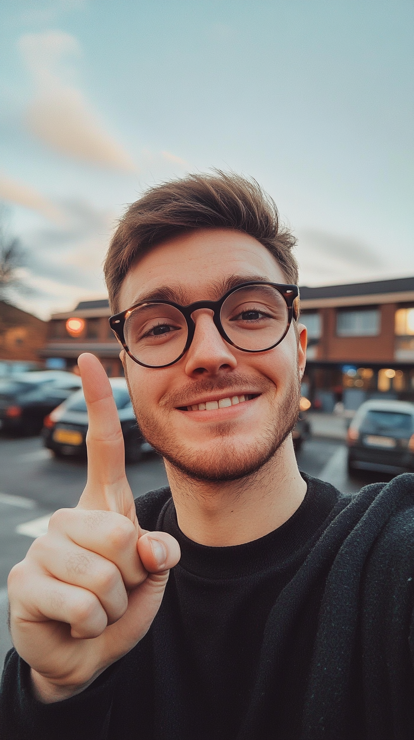 British man takes selfie with sticky notes on glasses.