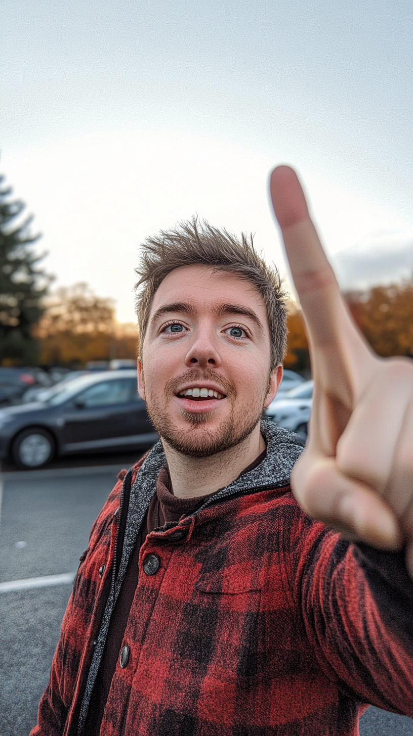 British man taking selfie with car in background.