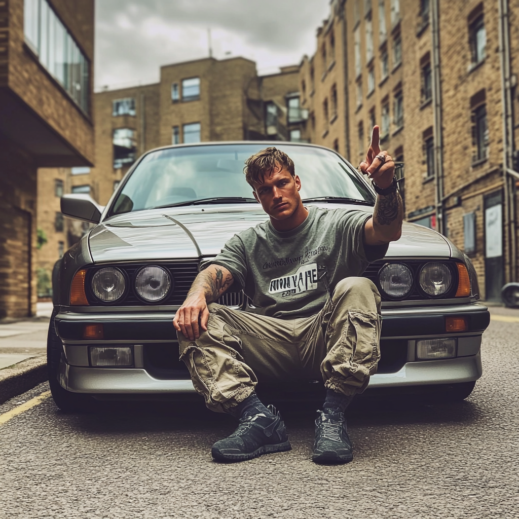 British man with BMW kneels by number plate.