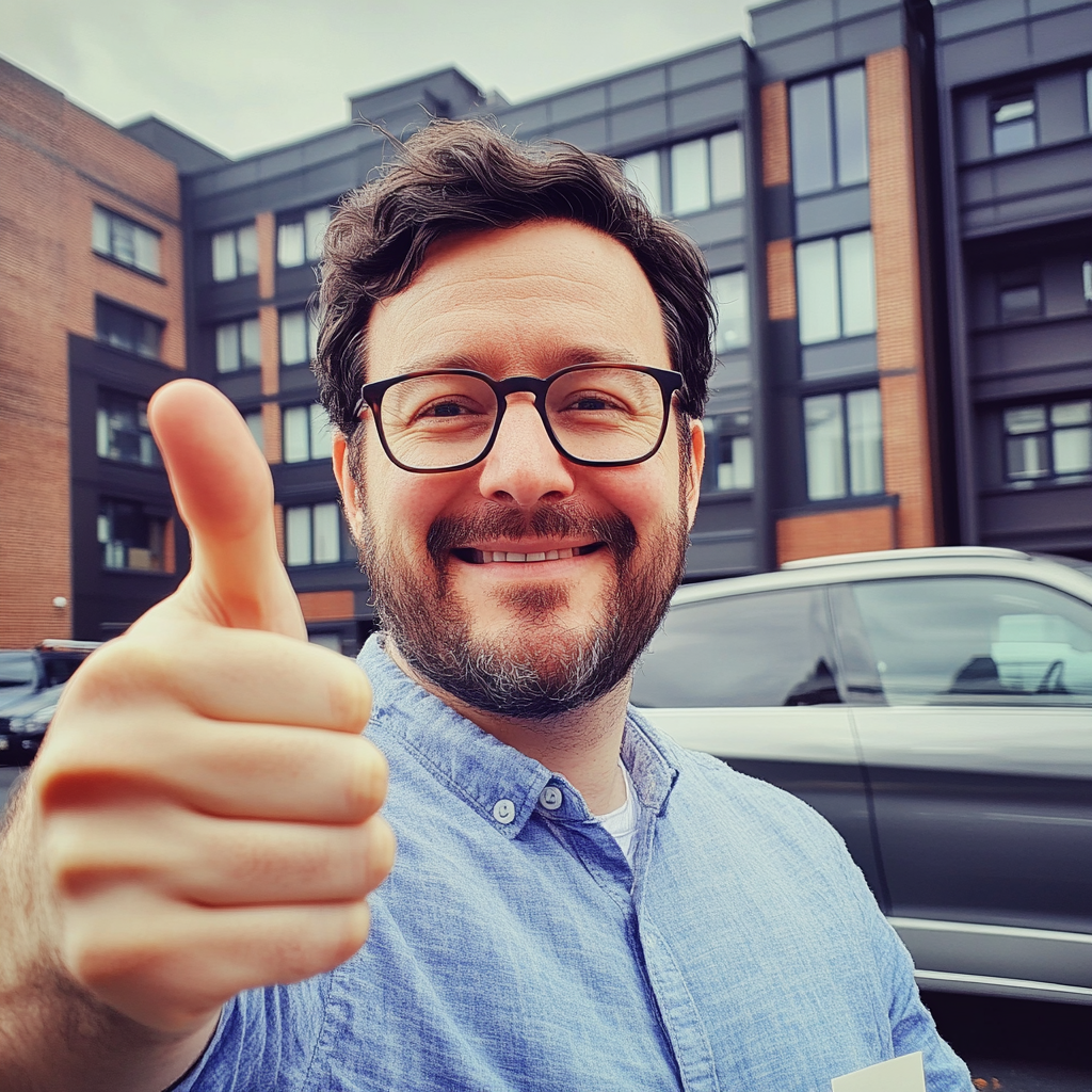 British man with car and sticky note selfie.