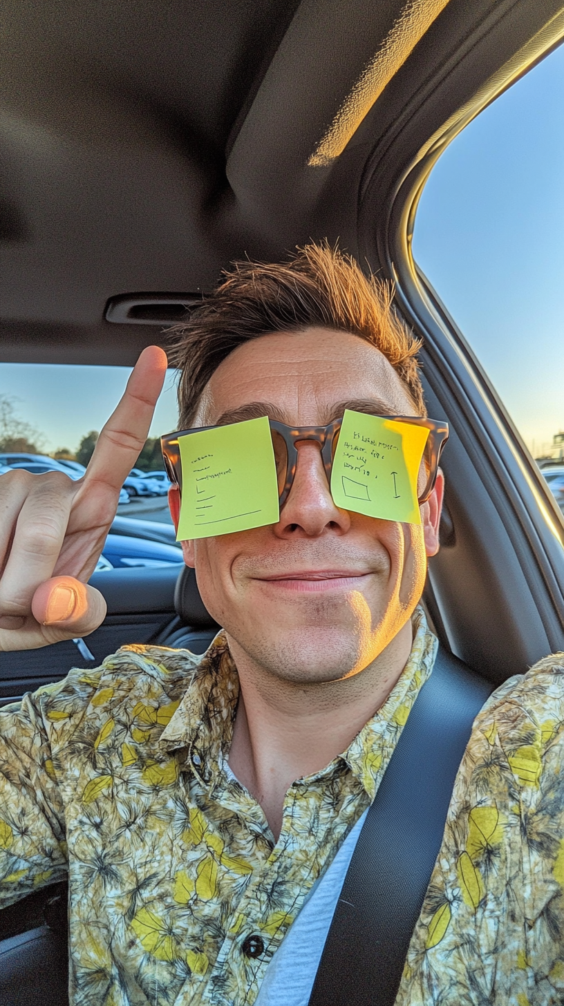 British man with post-it notes on glasses, car background.