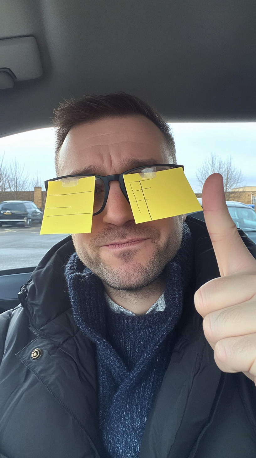 British man with sticky notes on eyeglasses, pointing up.