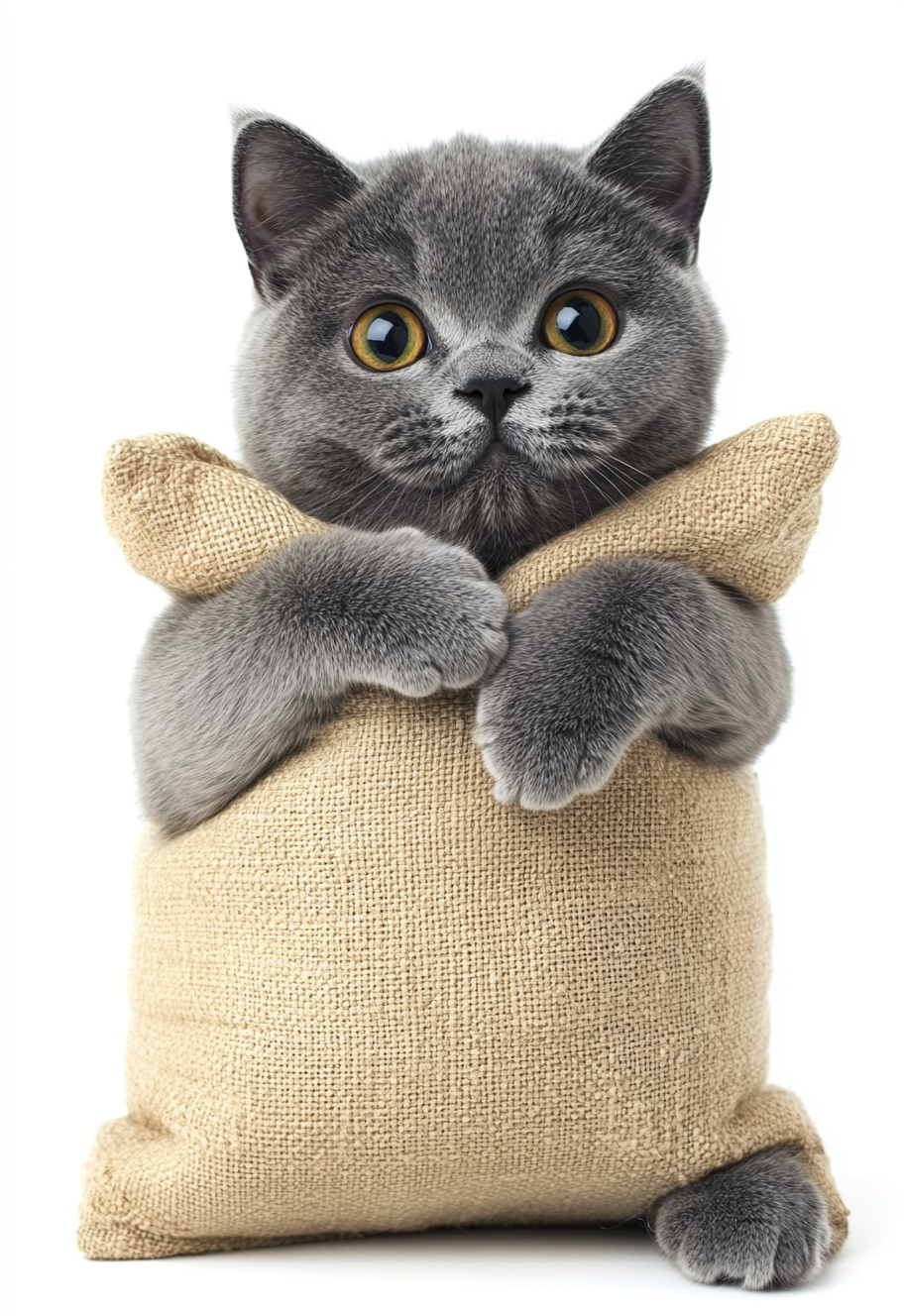 British shorthair cat hugging pillow, charming expression, camera.