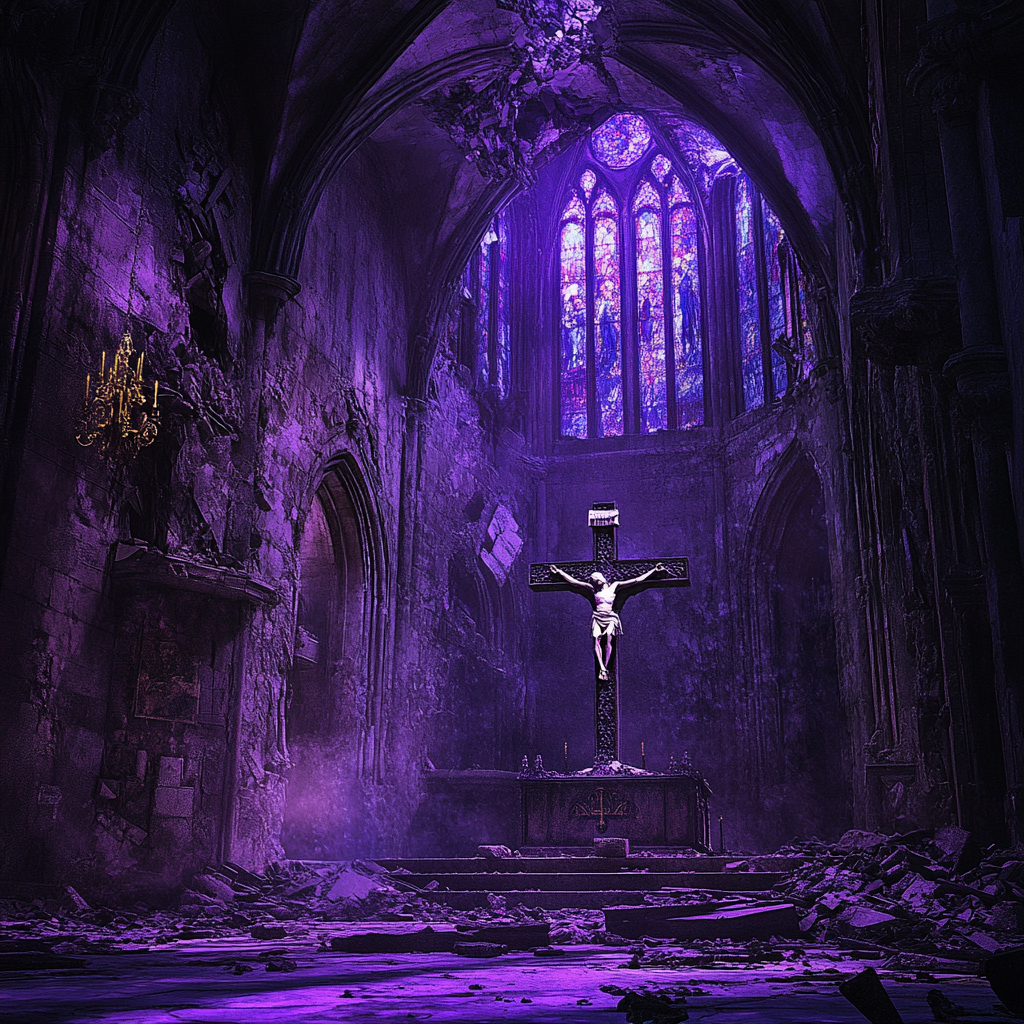 Broken Crucifix on Ceremonial Altar in Crumbling Cathedral.