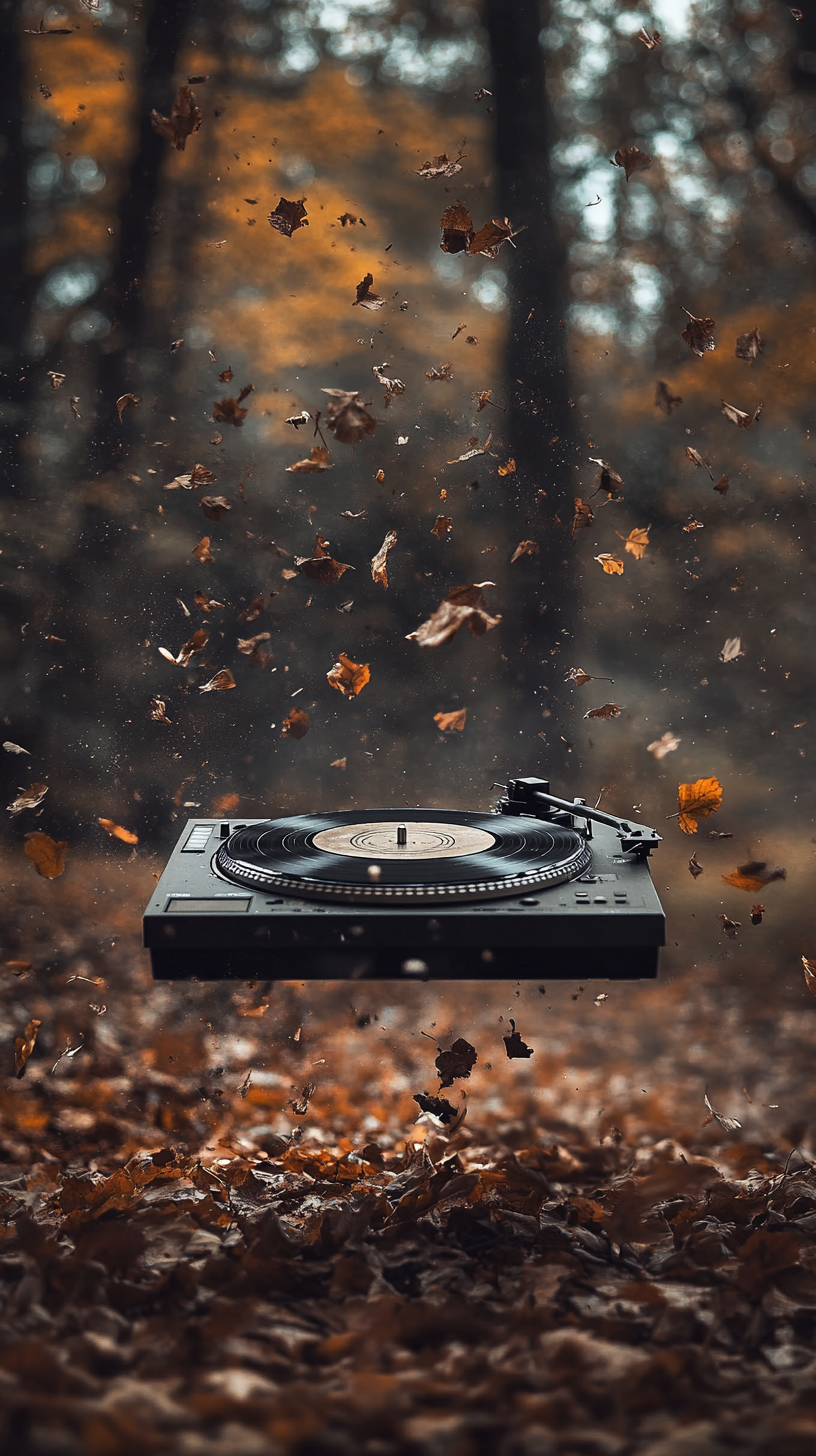 Broken DJ turntable in forest with floating debris and light.