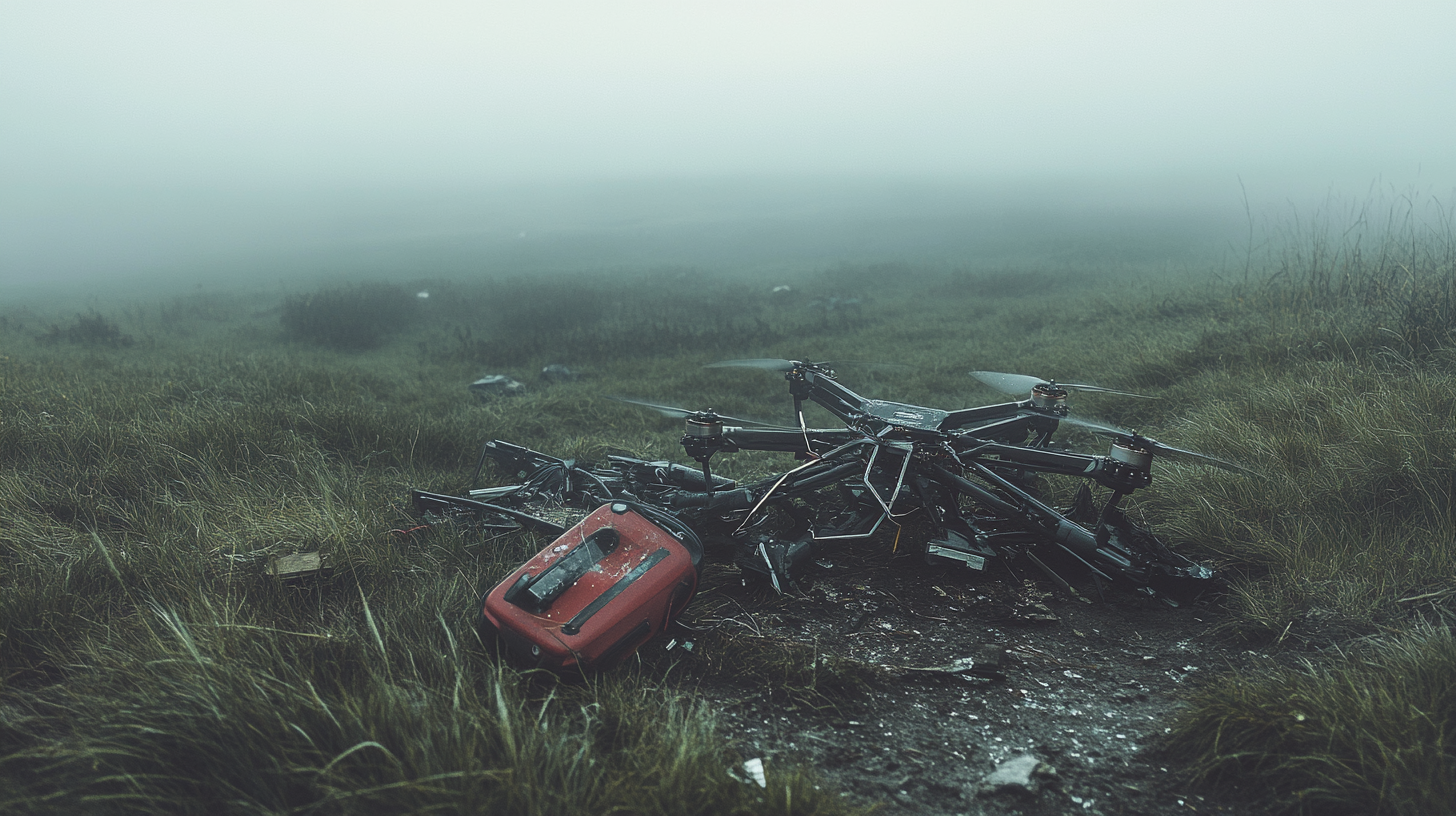 Broken Drone Graveyard in Foggy Field