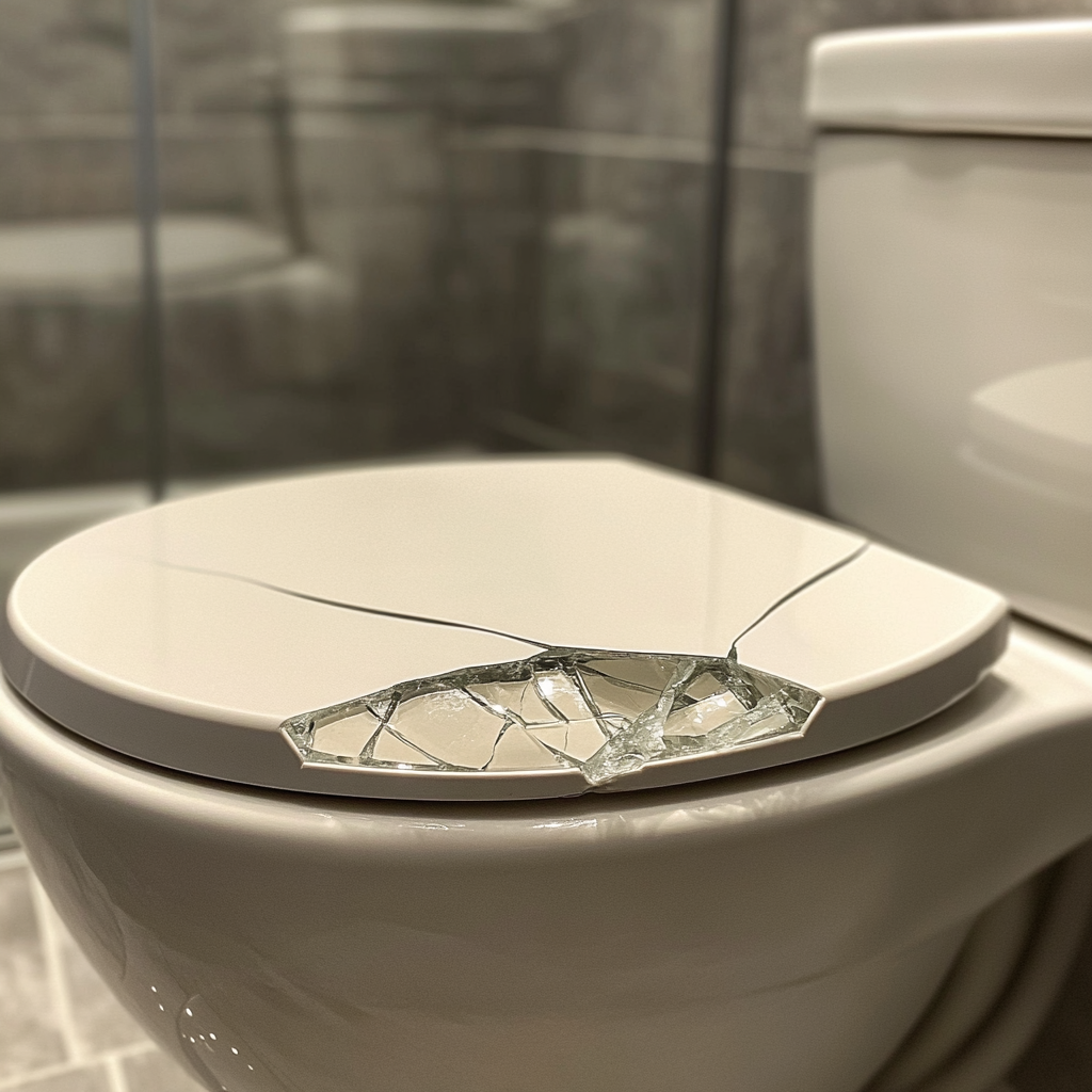 Broken toilet lid in stylish bathroom with sharp edges.