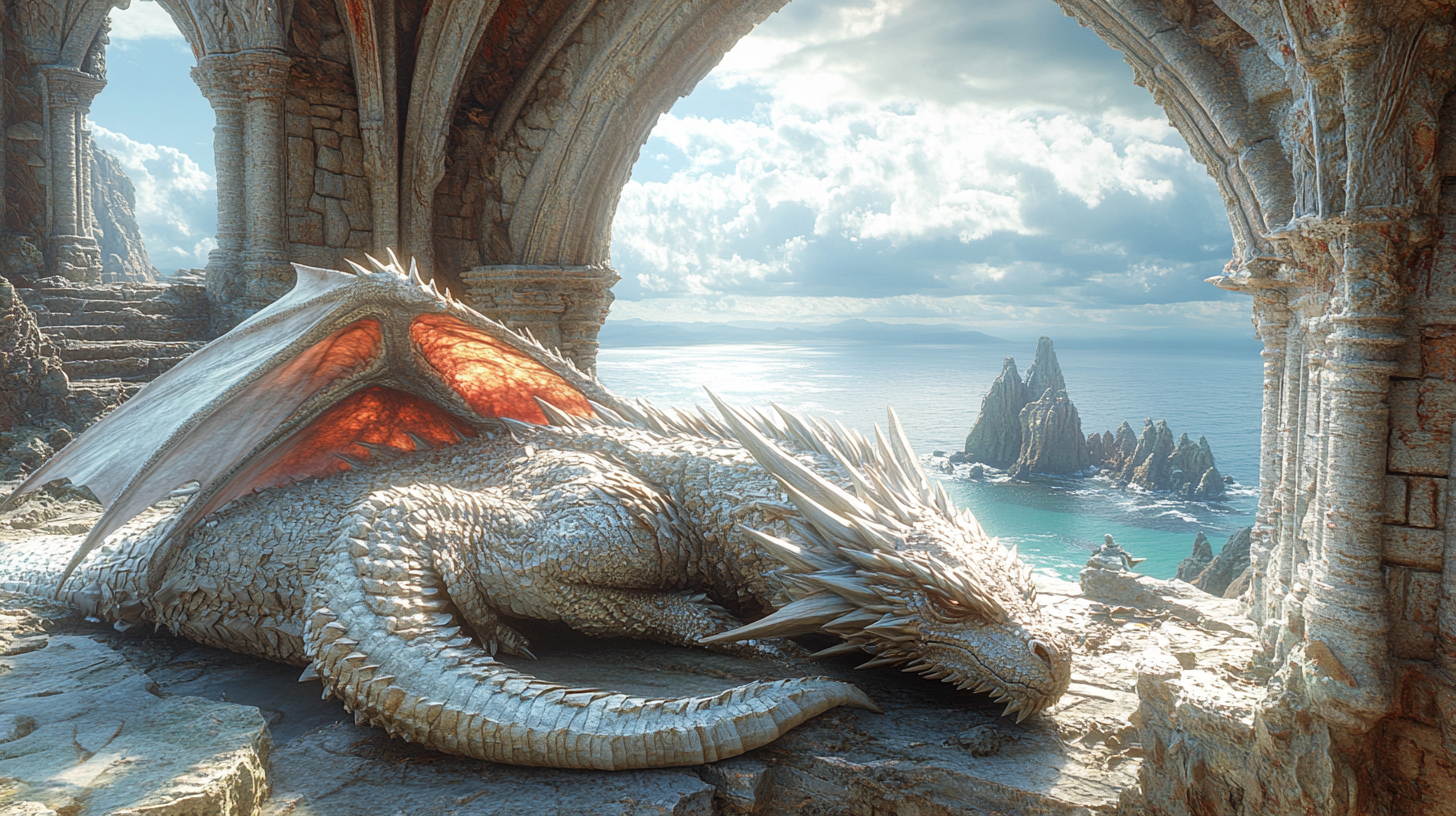 Bronze Dragon sleeps in gnomish temple by ocean.