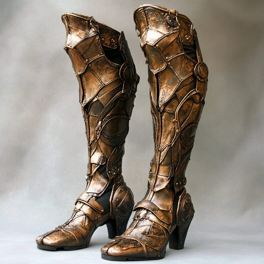 Bronze armor thigh high boots with toe protection.