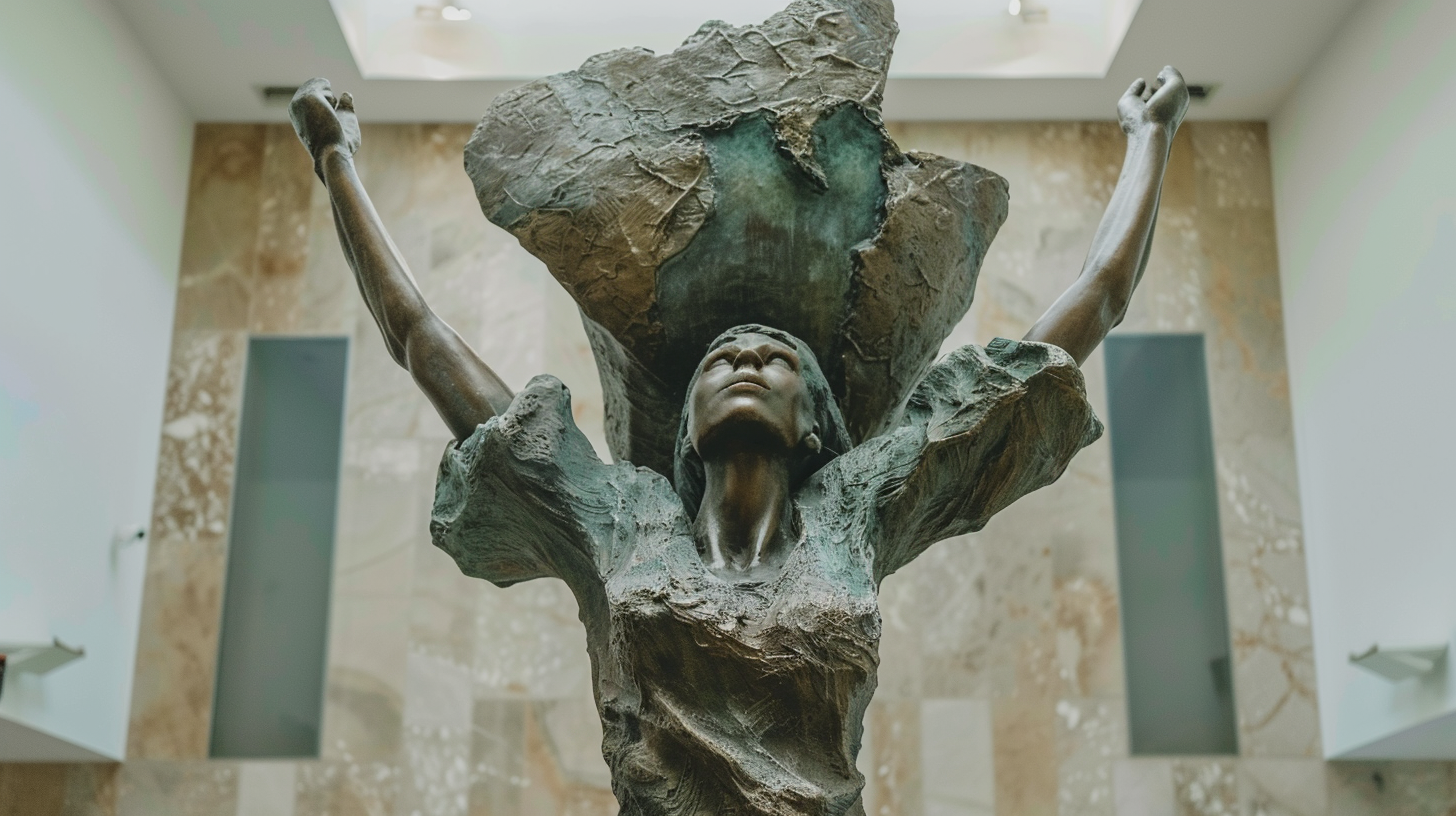 Bronze statue of towering woman carrying US map.