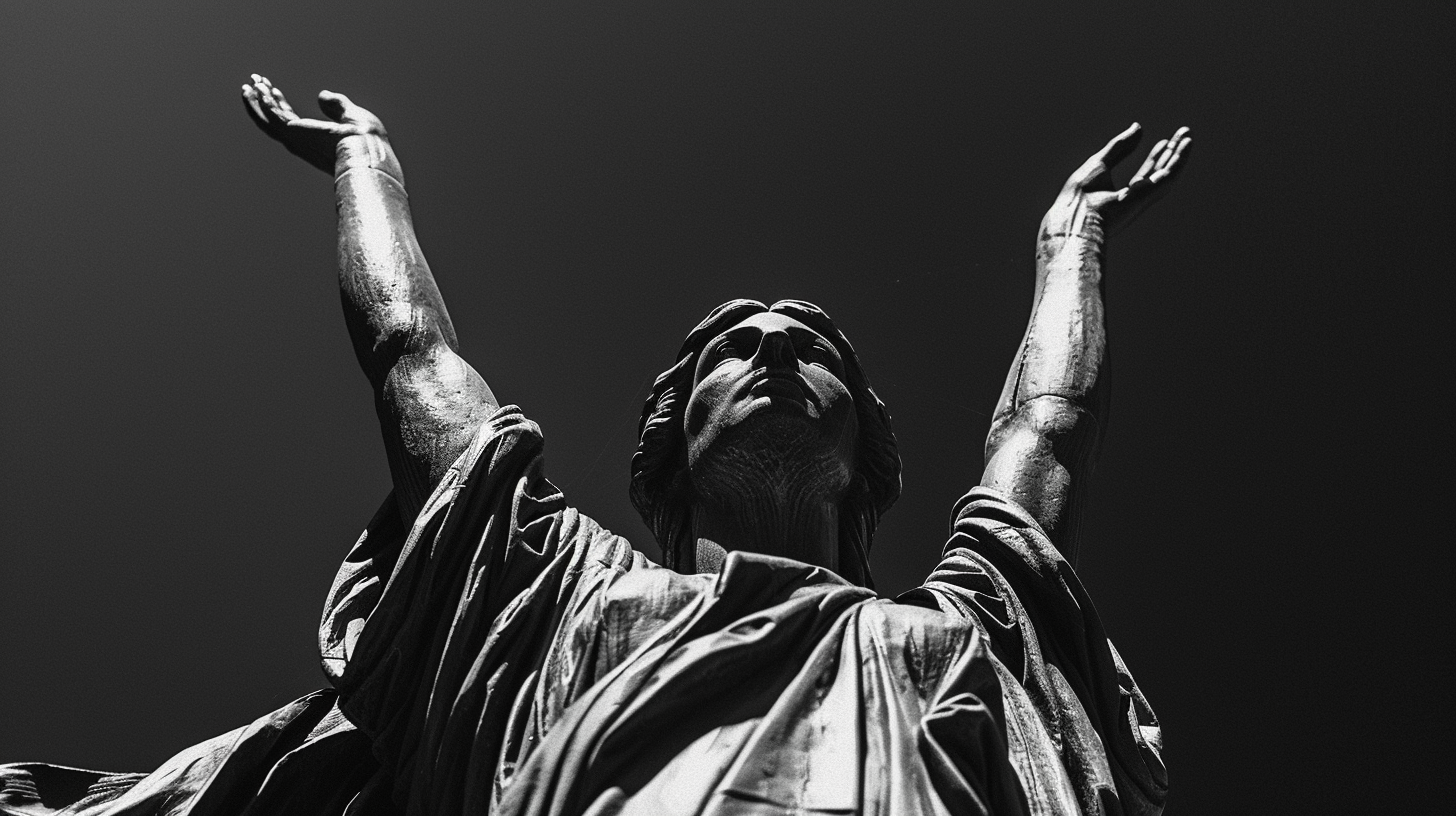 Bronze statue of woman holding United States on shoulders.