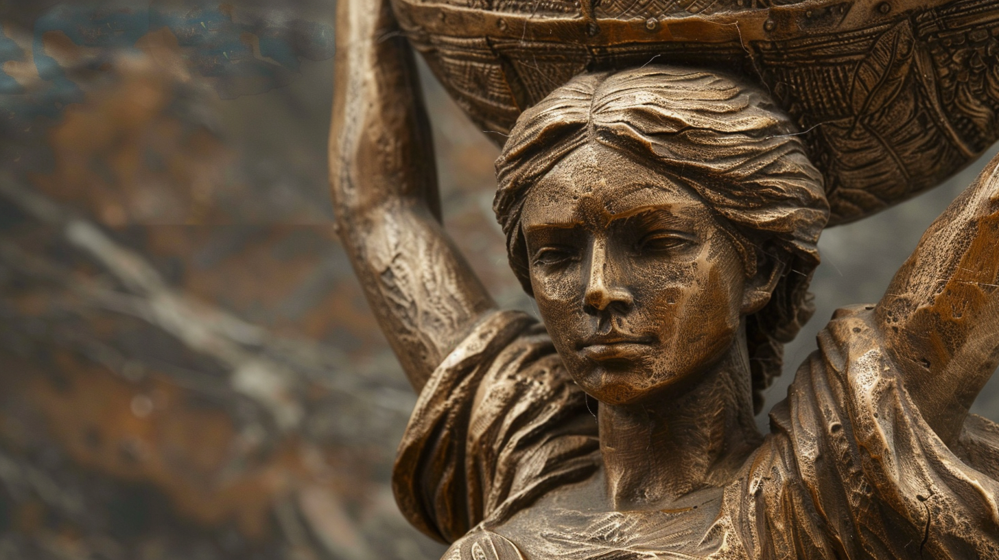 Bronze statue woman holds up America on shoulders.