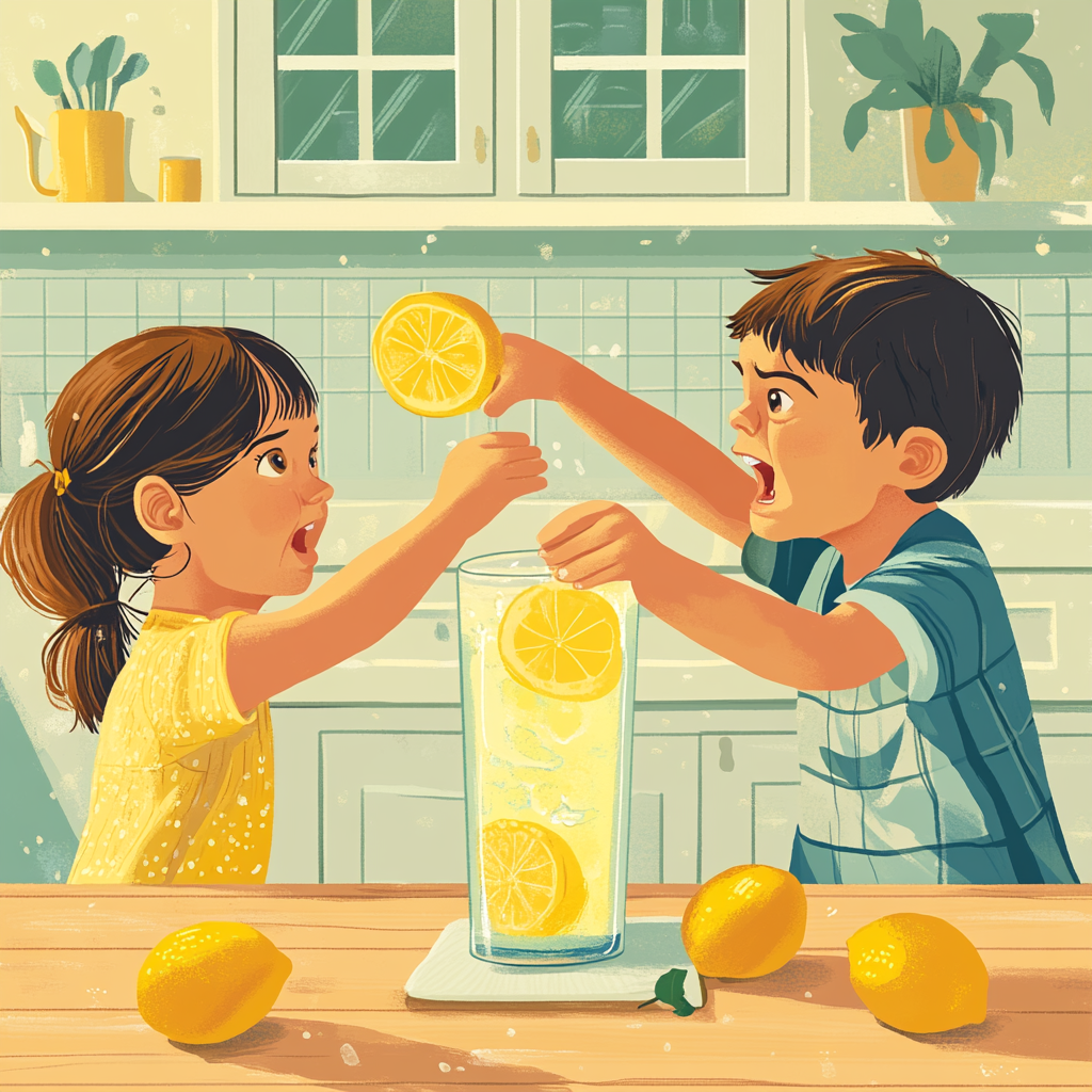 Brother and sister play fight for lemonade