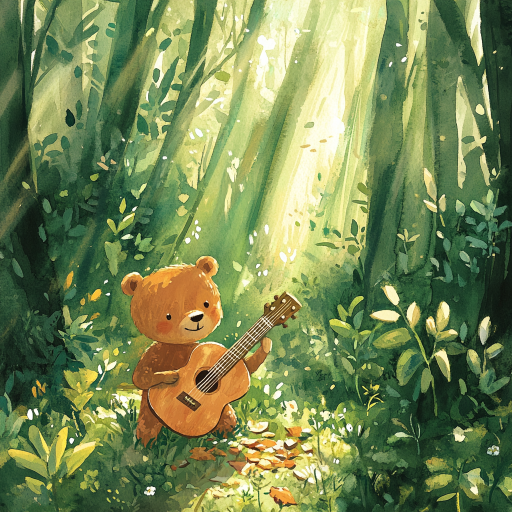 Brown Bear Jonny finds buried guitar in forest.