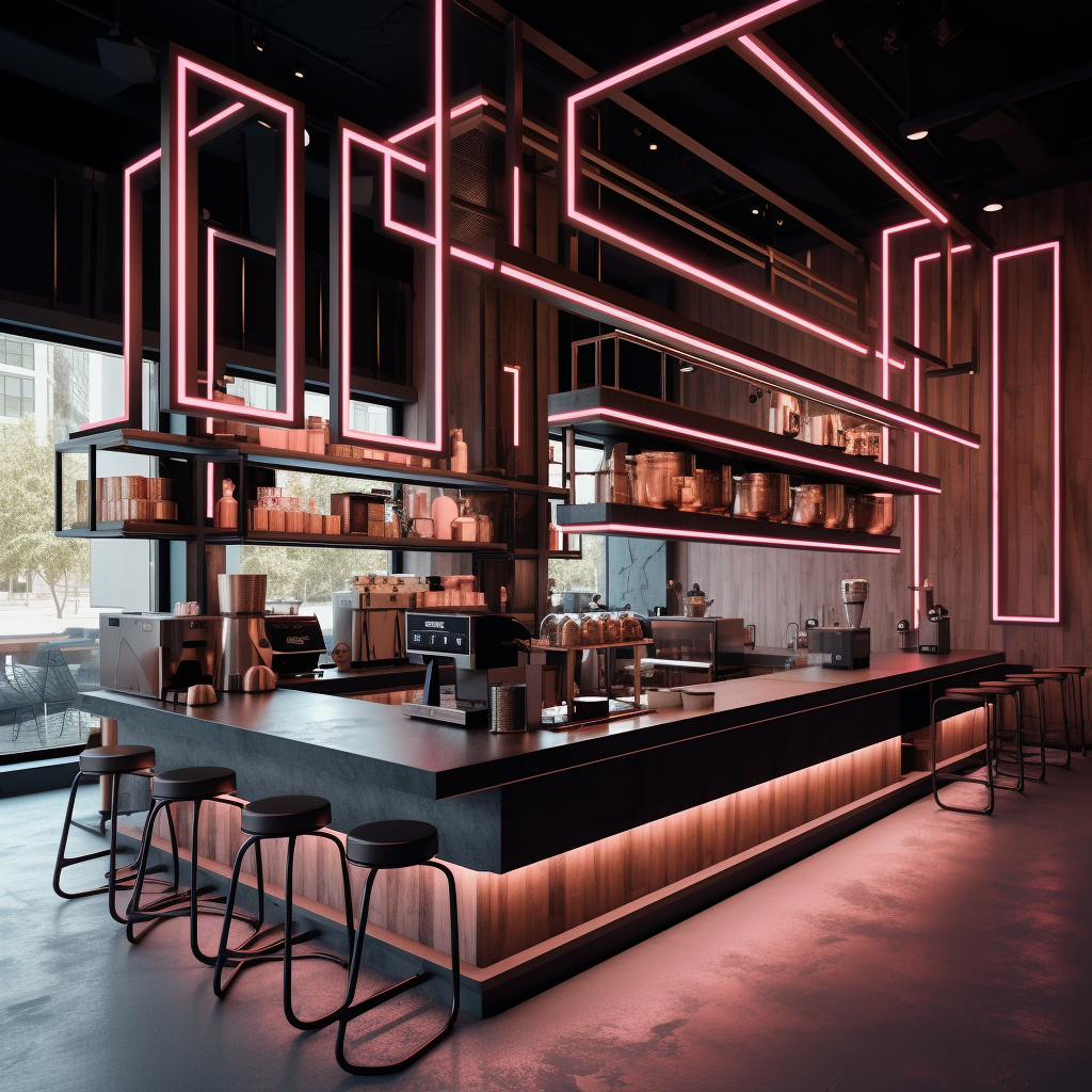 Modern Coffee Shop with Brown Wood, Black Metal, and Pink LED Lighting