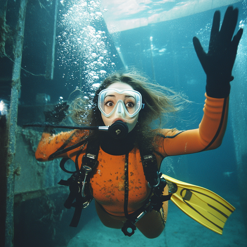 Brown eyed girl diving in sunken ship, 1970s film.