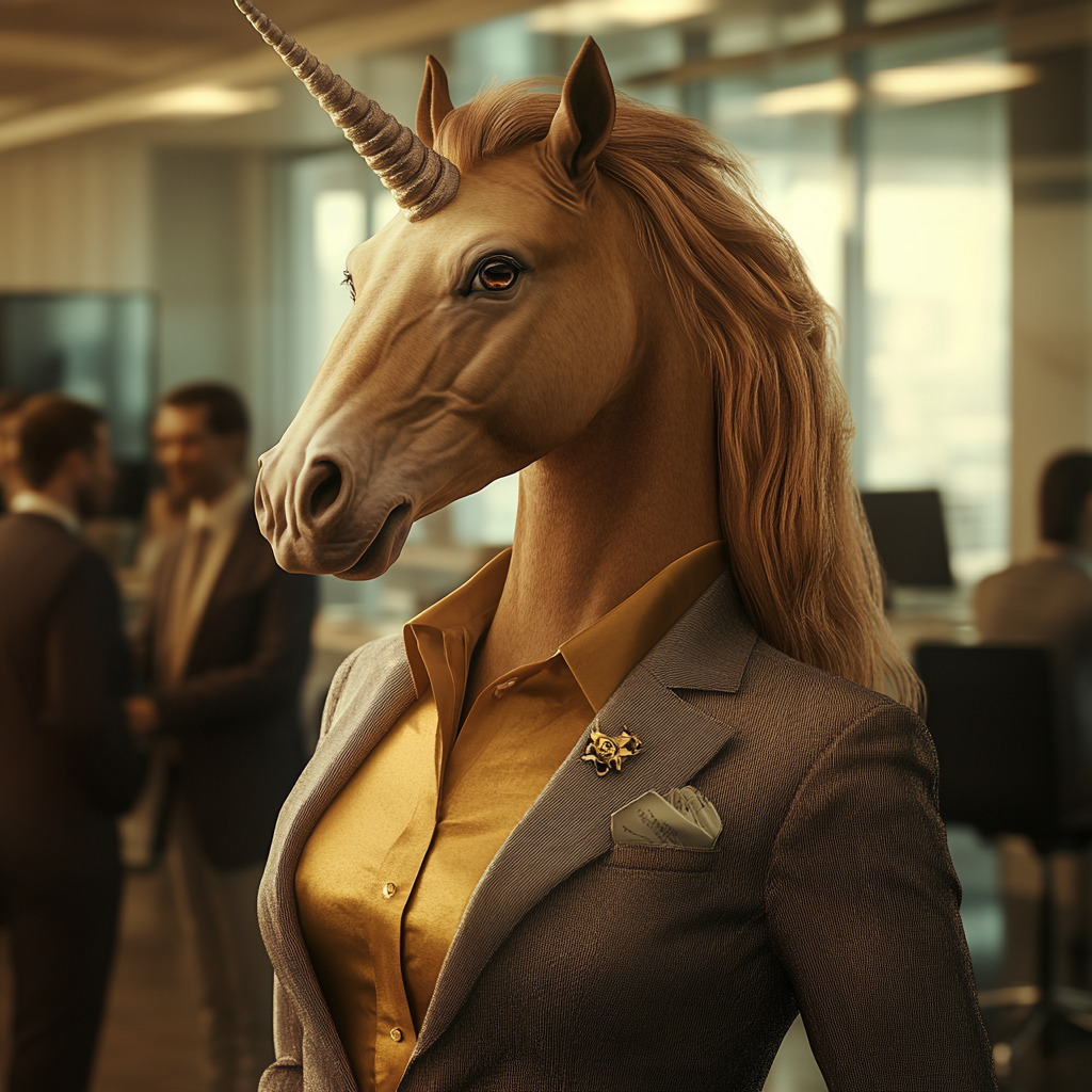 Brown female unicorn in business suit with gold shirt.