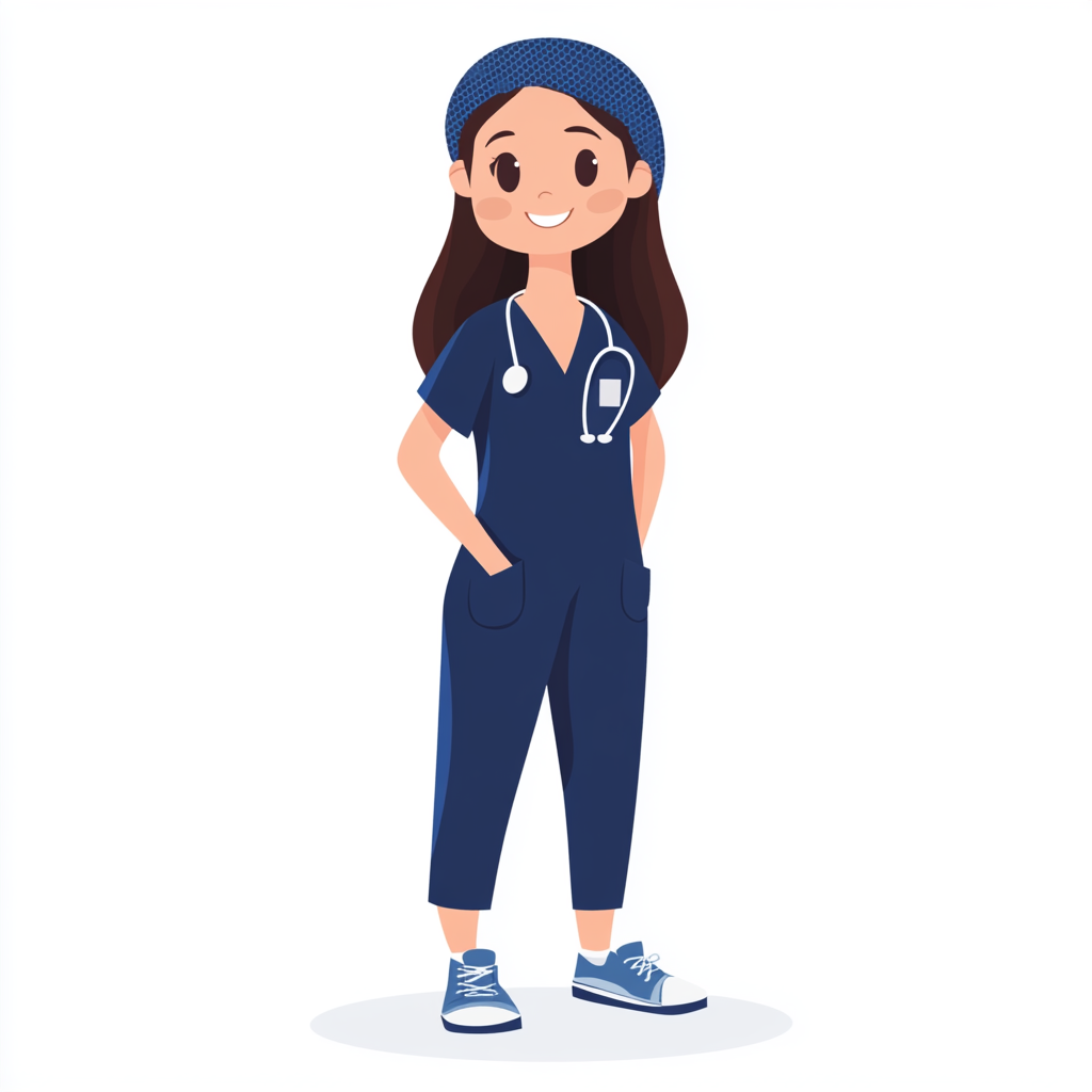 Brown-haired girl in blue scrubs and white shoes.