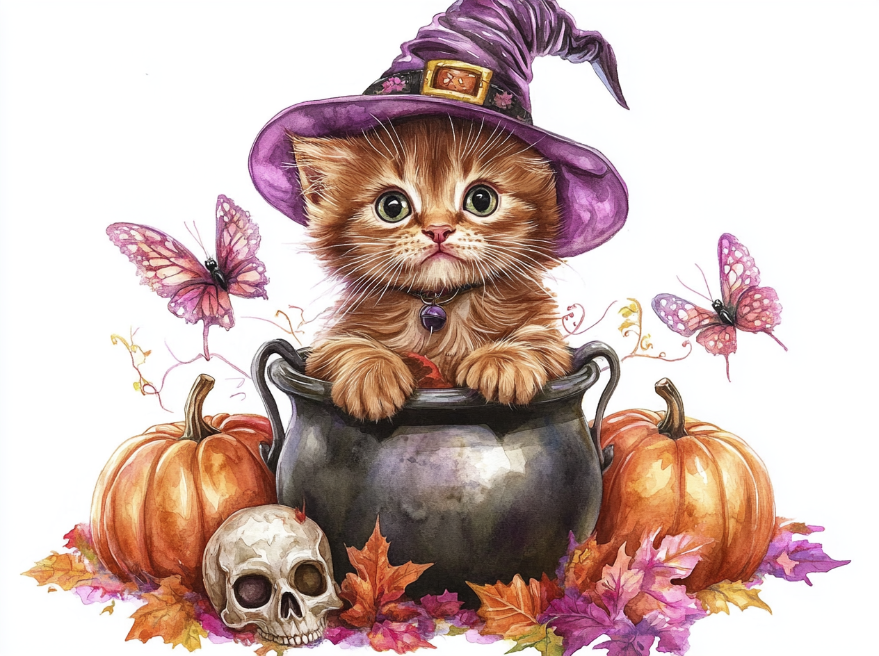 Brown kitten in witch hat, sitting in cauldron.