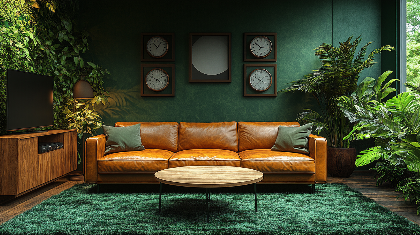 Brown leather sofa, wooden table, green carpet in retro interior.