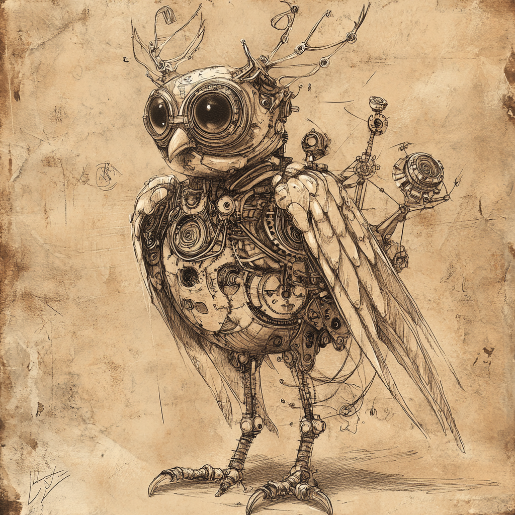 Brown mechanical woodland creature in da Vinci style drawing.