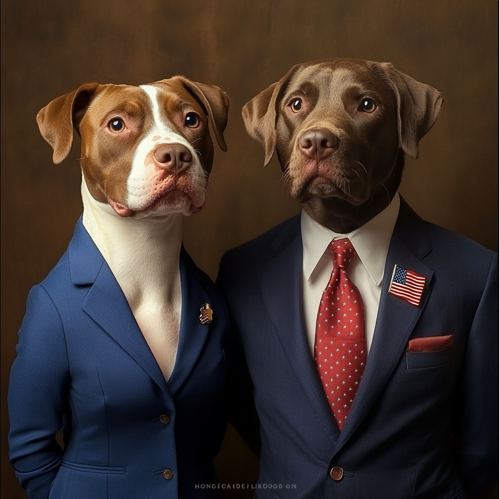 Brown pitbull in blue suit with chocolate labrador.