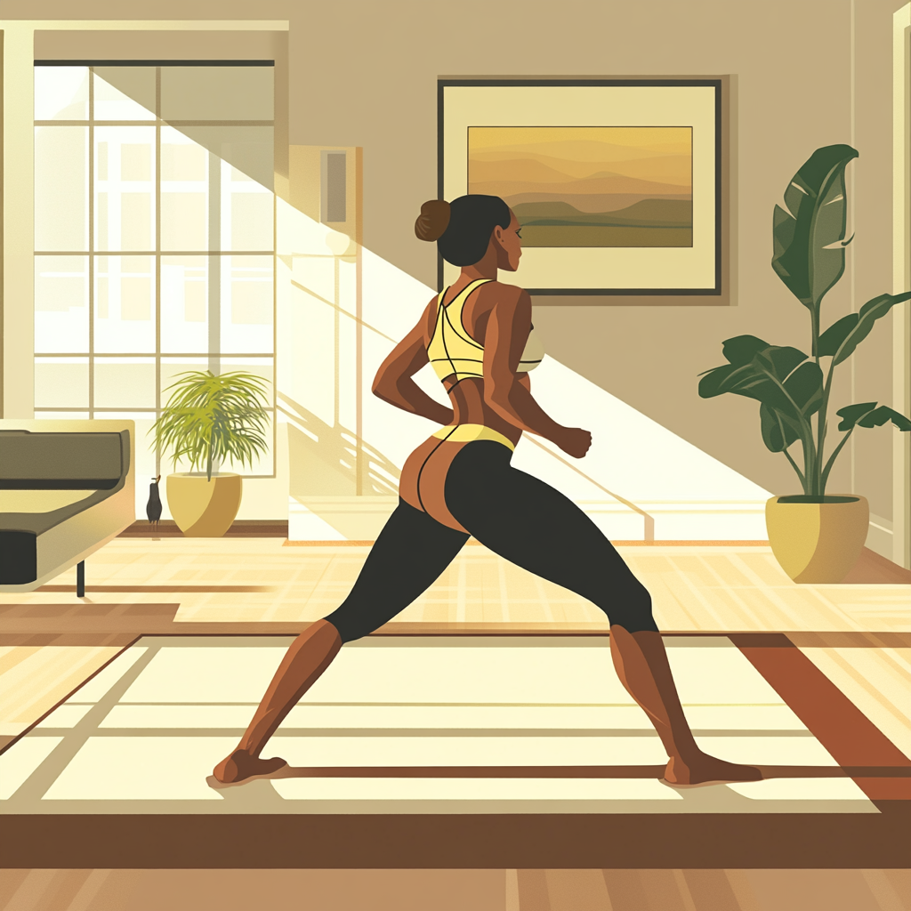 Brown woman exercising properly in living room vector art.