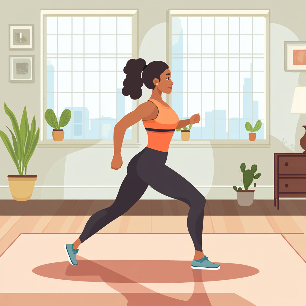 Brown woman in tights exercises in pastel living room.